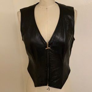 BEBE black leather deep V gold zip up VEST